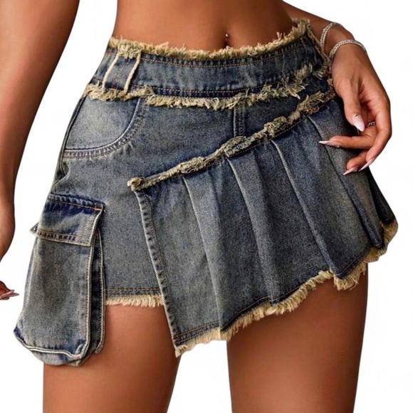 No Boundaries Dresses & Skirts - Women's Asymmetrical Hem Mini Jean Skirt With Frayed & Pleated Detail